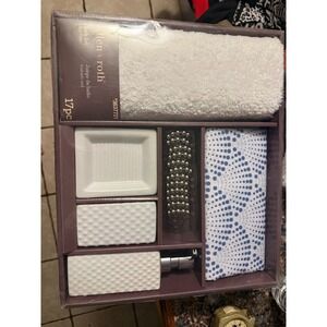 Allen + Roth 17pc Bath Set‎ Blue White Shower Curtain Rug Ceramic Decor #3637721